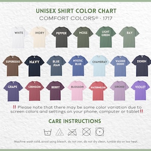 May include: A unisex shirt colour chart showcasing Comfort Colours shirts in various hues. The chart presents colours such as white, ivory, pepper, moss, light green, bay, espresso, navy, blue jean, mystic blue, chambray, washed denim, denim, grape, crimson, berry, blossom, watermelon, orchid, and violet.