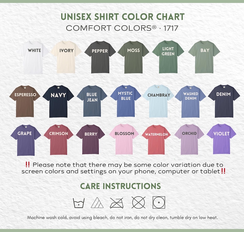 May include: A unisex shirt colour chart showcasing Comfort Colours shirts in various hues. The chart presents colours such as white, ivory, pepper, moss, light green, bay, espresso, navy, blue jean, mystic blue, chambray, washed denim, denim, grape, crimson, berry, blossom, watermelon, orchid, and violet.