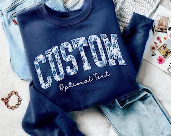 Custom Floral Sweatshirt, Personalized Blue Toile Crewneck, Custom Text, Unisex Group Matching Name