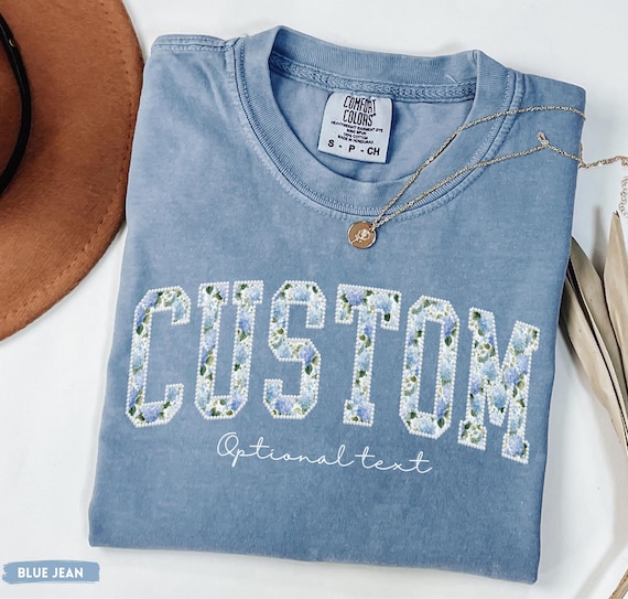 Custom Text Floral Faux Pearl Shirt, Hydrangea Varsity Comfort Colors® Tee, Personalized Text Group Matching Name