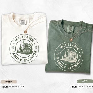 Personalized Comfort Colors family reunion shirts featuring custom family name, cabin illustration, established year, and matching color options for family vacations, reunions, and lake house gatherings.