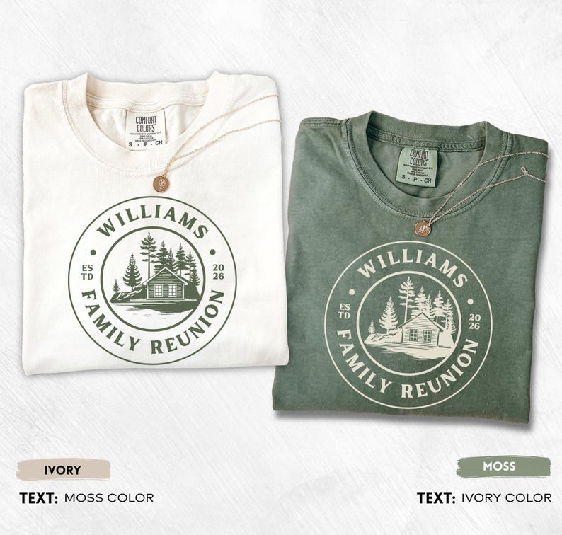Personalized Comfort Colors family reunion shirts featuring custom family name, cabin illustration, established year, and matching color options for family vacations, reunions, and lake house gatherings.