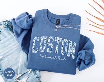 Custom Floral Sweatshirt, Personalized Blue Toile Crewneck, Custom Text, Unisex Group Matching Name