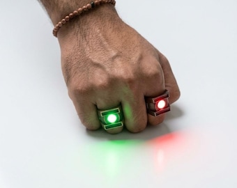 Handmade Green Lantern Power Ring for Men, Rustic Antique Silver superhero Ring, Glowing Green Stone Ring, Geek Jewelry Gift for Him