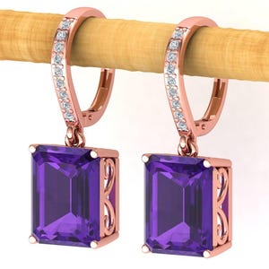 Emerald Cut Amethyst Drop Earring: Rose Gold Sterling Silver Earring