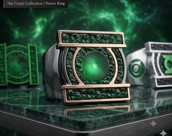 Green Lantern Power Ring voor mannen, handgemaakte superheldenring van sterling zilver, gloeiende groene LED-steen, geek cadeau voor hem, sieraad voor stripfans