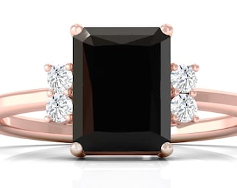 Emerald Cut Black Onyx Ring, Rose Gold Minimalist Engagement Band
