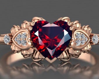 Heart Shape Garnet Engagement Ring Women Art Deco Wedding Ring