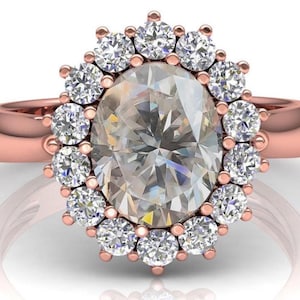 Oval Moissanite Engagement Ring: Sterling Silver Halo, Plain Band