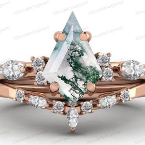 Moss Agate Engagement Ring, Kite Cut Stone, Rose Gold Promise Jewelry