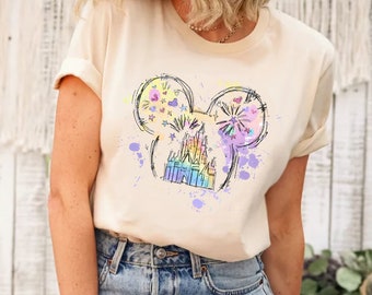 Camisa del castillo de la princesa de Disney, castillo de la acuarela de Disney, camisa del Reino Mágico, camisa de las orejas de Minnie, camisa del castillo de Walt Disney, camisa del castillo de la princesa