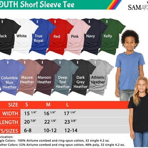 May include: Youth short sleeve tee shirt in various colours, including black, white, true royal, red, pink, navy, kelly, columbia blue heather, mauve heather, maroon heather, deep teal heather, dark grey heather, and athletic heather. The size chart shows the width and length of the shirt in inches for sizes S, M, and L. The fabric is 100% Airlume combed and ring-spun cotton for single colours and 52% Airlume combed and ring-spun cotton, 48% poly for heather colours.