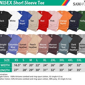 May include: A variety of unisex short sleeve tees in various colors, including black, white, and navy. The image displays a size chart with measurements in inches and fabrication details. The brand name "SAMART" is visible.