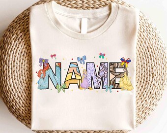 Camiseta con nombre personalizado de la princesa Coquette de Disney, camiseta con lazo de la princesa Coquette, camiseta de viaje de Disney Girls, camiseta de la princesa Elsa Bella Cenicienta de Disney