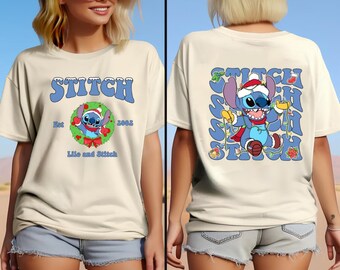 Camiseta navideña con luces de Stitch de Disney, camiseta de Papá Noel de Stitch de Disney, camiseta de fiesta navideña de Disney, camiseta navideña de Lilo y Stitch, regalo de Navidad