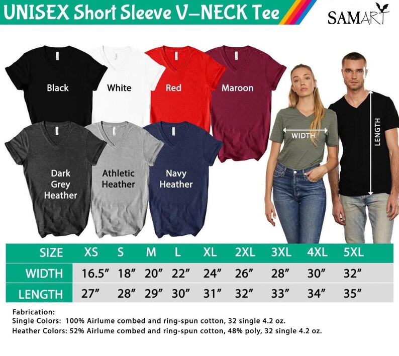 May include: Size chart for a unisex short sleeve V-neck tee. The chart shows the width and length measurements in inches for sizes XS to 5XL. The chart also shows the fabric composition for single colours and heather colours.