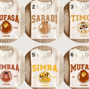 May include: Six white t-shirts with different Lion King characters and text. The shirts feature the characters Simba, Mufasa, Pumbaa, Timon, Sarabi, and the text "EST 1994 LION KING".