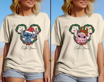 Camiseta navideña de Disney Stitch y Ángel, camiseta navideña de Disney Stitch, camiseta navideña de pareja de Disney, camiseta navideña de fiesta, regalo de Navidad