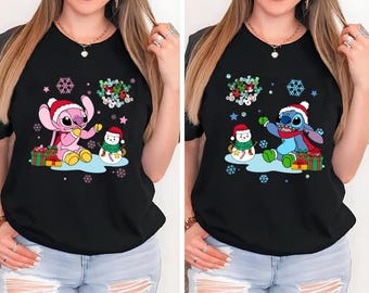 Camiseta navideña de Disney Stitch y ángel, camiseta navideña de Disney Stitch, camiseta navideña de pareja de Disney, camiseta de fiesta navideña, regalo de Navidad