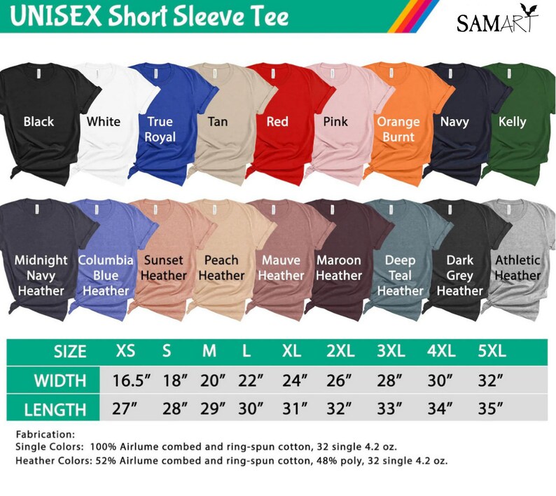 Op de afbeelding: Maattabel voor unisex T-shirts met korte mouwen met afmetingen in inches. De tabel toont de breedte en lengte van het T-shirt in verschillende maten van XS tot 5XL. De tabel toont ook de verschillende beschikbare kleuren voor het T-shirt, waaronder zwart, wit, true royal, bruin, rood, roze, orange burnt, marine, kelly, midnight navy heather, columbia blue heather, sunset heather, peach heather, mauve heather, maroon heather, deep teal heather, dark grey heather en athletic heather.