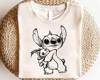 Camiseta linda de Disney Lilo y Stitch, camiseta con retrato de boceto de Disney Stitch, camiseta Ohana de Stitch, camiseta Ohana Means Family, camiseta Magic Kingdom