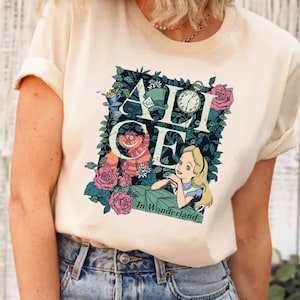 Disney Alice In Wonderland Floral Retro Poster Shirt, Alice Princess Cheshire Cat Hatter Tee, Alice In Wonderland  Shirt, Alice Floral Tee