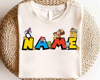 Chemise nom personnalisé Super Mario, chemise personnage Super Mario, chemise fête Mario et ses amis, chemise famille Super Mario, chemise anniversaire Super Mario