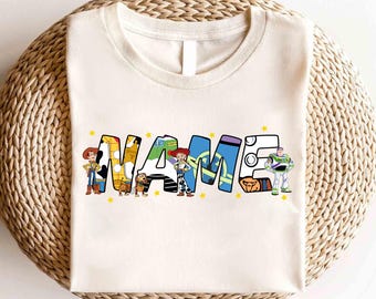 Camiseta con nombre personalizado de Toy Story de Disney, camiseta de Toy Story de Disney hasta el infinito y más allá, camiseta de personajes de la película Toy Story, camiseta de cumpleaños de Toy Story