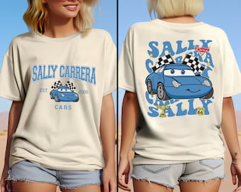 Doppelseitiges Disney Sally Carrera-Shirt, Kühlerfedern-T-Stück, Autos Sally-Shirt, Autos Charaktere T-Stück, Piston Cup-T-Stück, Sally Carrera Est 2006 Shirt