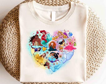 Disney Princess Watercolor Heart Shirt,Disney Princess Shirt,Princess Gift, Disney Girls Trip Shirt,Water Color Disney Princess Painting Tee