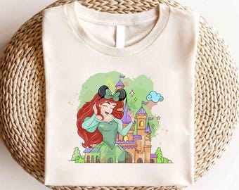 Camiseta de acuarela de La Sirenita de Disney, camiseta de acuarela del Castillo de Ariel de La Sirenita, camiseta de la Princesa Ariel de Disney, camiseta de viaje para niñas de Disney