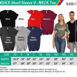 以下が含まれることがあります： ユニセックスの半袖VネックTシャツのサイズ表。表には、XSから5XLまでのサイズに対応する幅と長さの寸法（インチ）が記載されています。表には、単色とヘザーカラーの生地の構成も記載されています。