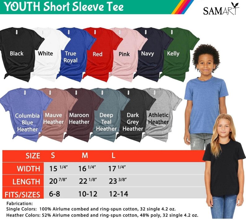 May include: Youth short sleeve tee shirt in various colors, including black, white, true royal, red, pink, navy, kelly, columbia blue heather, mauve heather, maroon heather, deep teal heather, dark grey heather, and athletic heather. The size chart shows the width and length of the shirt in inches for sizes S, M, and L. The fabric is 100% Airlume combed and ring-spun cotton for single colors and 52% Airlume combed and ring-spun cotton, 48% poly for heather colors.