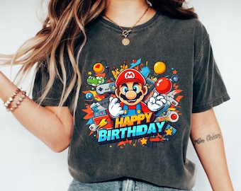Camicia compleanno Super Mario, camicia festa in famiglia Super Mario, camicia Super Mario buon compleanno, regalo Super Mario, camicia per bambini Super Mario