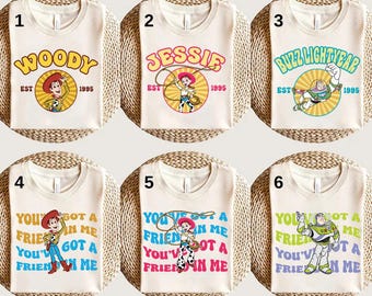 Camiseta de personajes de la película Toy Story de Disney, camiseta grupal de Toy Story de Disney, camiseta de Buzz Woody Jessie de Toy Story, camiseta de cumpleaños de Toy Story de Disney