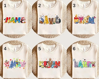 Camiseta com nome personalizado da Disney, camiseta com o alfabeto dos personagens da Disney, camiseta com os personagens da Disney, camiseta com o grupo da Disney, camiseta personalizada com todos os personagens da Disney