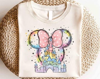 Camiseta con el castillo de acuarela de Disney, camiseta con el castillo de acuarela, camiseta con el reino mágico, camiseta con el viaje de las niñas de Disney, camiseta con el castillo de acuarela de Minnie Mouse