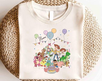 Camiseta con nombre personalizado de Toy Story de Disney, camiseta de Toy Story de Disney hasta el infinito y más allá, camiseta de personajes de la película Toy Story, camiseta de cumpleaños de Toy Story