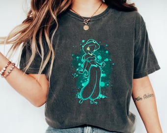 Camiseta com silhueta da princesa Jasmine da Disney, camiseta com a princesa Disney, camiseta com o Aladdin e a Jasmine da Disney, camiseta com o Magic Kingdom da Disney
