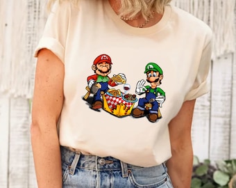 Camicia Super Mario mangia pizza, camicia da festa in famiglia Super Mario, camicia Super Mario di buon compleanno, regalo Super Mario, camicia per bambini Super Mario
