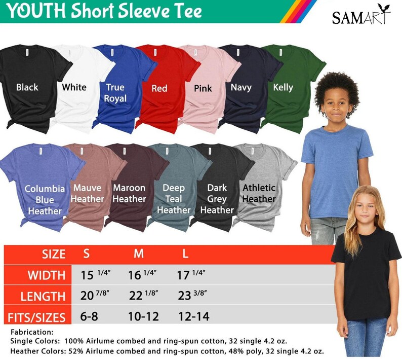 Op de afbeelding: Jeugd korte mouw T-shirt in verschillende kleuren, waaronder zwart, wit, koninklijk blauw, rood, roze, marine, kelly, columbia blauw heather, mauve heather, maroon heather, deep teal heather, donker grijs heather en athletic heather. De maattabel toont de breedte en lengte van het shirt in inches, en de overeenkomstige leeftijdsgroep voor elke maat. De stof is 100% Airlume gekamd en ringgesponnen katoen voor effen kleuren, en 52% Airlume gekamd en ringgesponnen katoen, 48% polyester voor heather kleuren.