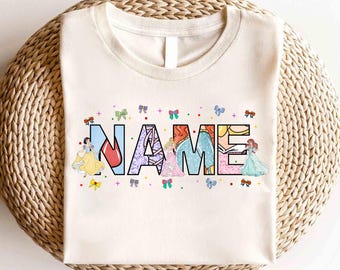 Camiseta con nombre personalizado de la princesa Coquette de Disney, camiseta con lazo de la princesa Coquette, camiseta de viaje de Disney Girls, camiseta de la princesa Elsa Bella Cenicienta de Disney