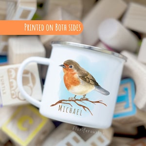 Taza personalizada, regalo para niña, taza de cumpleaños, nombre personalizado, taza para niños pequeños, regalo para baby shower, regalo, bonita taza esmaltada de pájaro petirrojo, regalo para nuevo bebé