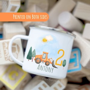Mug personnalisé cadeau pour garçon anniversaire Mug nom personnalisé enfant en bas âge Mug émaillé cadeau pour baby shower Mug personnalisé pour nouveau-né Idée cadeau tracteur mignon