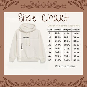 May include: Size chart for a unisex hoodie sweatshirt. The chart shows the width, length, and sleeve length in inches for sizes S through 5X.