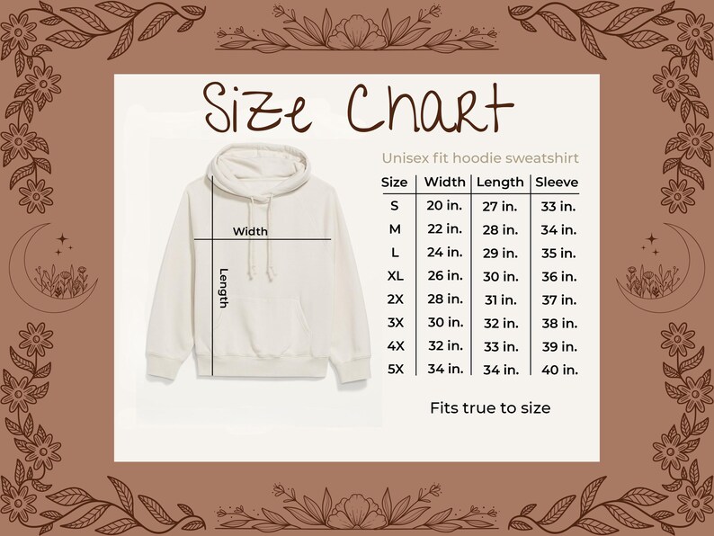 May include: Size chart for a unisex hoodie sweatshirt. The chart shows the width, length, and sleeve length in inches for sizes S through 5X.