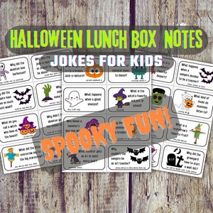 May include: A set of 16 Halloween-themed lunchbox notes with jokes for kids. The notes are printed on white cardstock and feature colourful illustrations of various Halloween characters, including a skeleton, a vampire, a witch, a ghost, a mummy, and a scarecrow. The notes are designed to be cut out and placed in lunchboxes for a fun surprise.