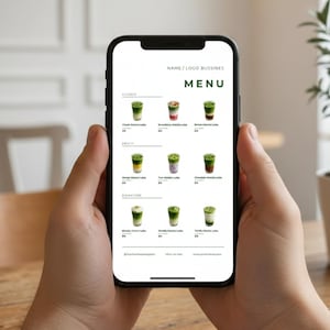 May include: A smartphone displays a menu with matcha latte options. The menu is divided into Classic, Fruity, and Signature categories, each featuring images of the drinks. The menu includes the text "NAME / LOGO BUSSINES" and "MENU". The phone is held by two hands.