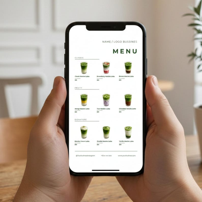 May include: A smartphone displays a menu with matcha latte options. The menu is divided into Classic, Fruity, and Signature categories, each featuring images of the drinks. The menu includes the text "NAME / LOGO BUSSINES" and "MENU". The phone is held by two hands.