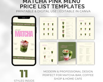 Pink Matcha Menu Templates | Canva Cafe Price List (Digital Download)